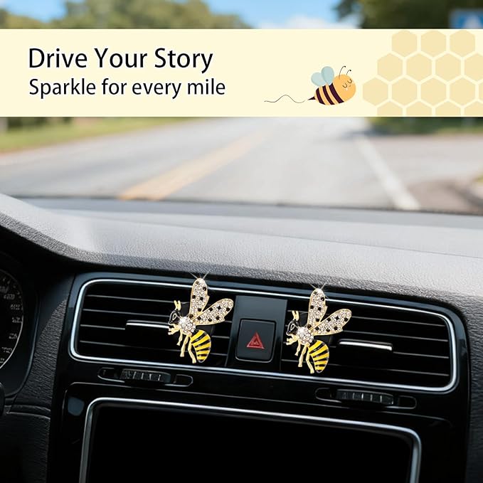Bee Car Decor,2pcs Cute Bumblebee Car Air Freshener Vent Clip,Bling Yellow Bee Alloy Vent Clips Dashboard Accessories with Rhinestones,Refillable Diffusers