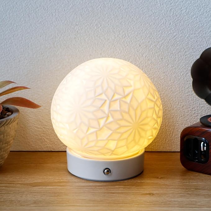 JHY DESIGN Ceramic Spherical Decorative lamp 6.5" H Rechargeable Table Lamp Dimmable Touch Control Desk lamp for Home Bedroom Living Room Outdoors(Snowflake)