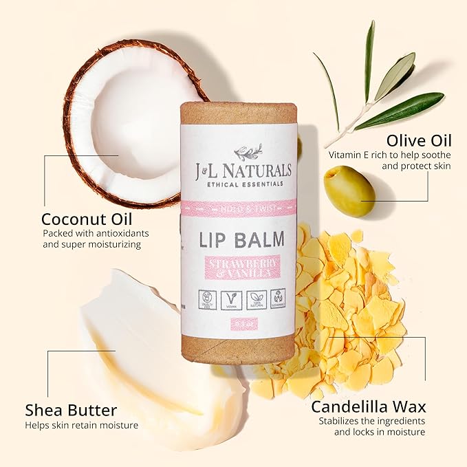 J&L Naturals Sustainable Lip Balm | Organic Ingredients, 100% Natural, Eco-Friendly | Cruelty Free, Vegan, Paraben Free, Silicone Free (Strawberry & Vanilla, 5-Piece Bundle)