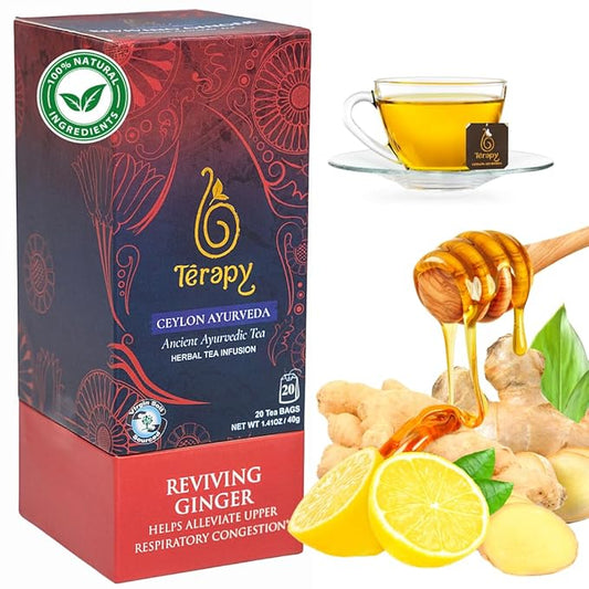 Térapy Ceylon GINGER & HONEY Tea | Organic Herbal Tea Bags | 100% Natural Ayurvedic Ingredients Including Organic Ginger, Wild Bee’s Honey, Ashwagandha & Lemongrass | 20 Individually Wrapped Tea Bags