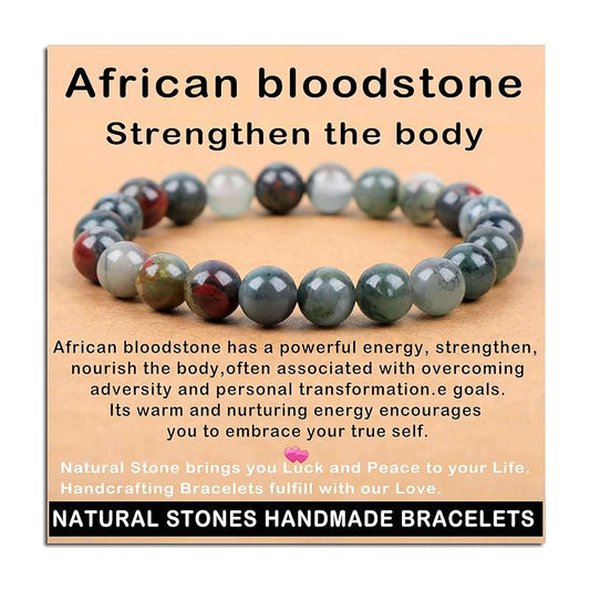 AD Beads Handmade Gemstone Stretch Elastic Bracelet Crystal Healing Reiki Nature's Beauty and Spiritual Essence Unisex (8mm, African Bloodstone (Strengthen the body))