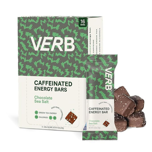 Verb Caffeinated Energy Bars Chocolate Sea Salt (26g, Pack of 16) 110-Calorie Delicious Low Sugar Energy Bar - Vegan Gluten Free On-the Go Snack with 80mg Green Tea Caffeine Only Real-Food Ingredients