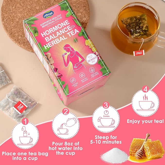 Hormone Balance Herbal Tea for Women – with Peppermint, Lemongrass, Ginger, Rose, Raspberry Leaf & Nettle for PMS & PCOS – Female Hormone Loose Leaf Tea, Caffeine-Free, Sugar-Free 30 Bags