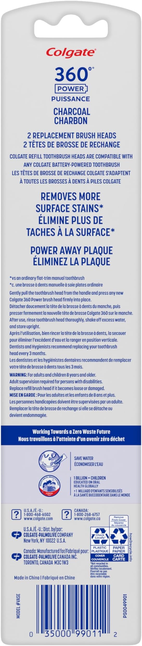 Colgate 360 Power Charcoal Toothbrush Heads | Soft Bristles | Rubber Polisher | For 360 Battery Toothbrush | Pack of 12