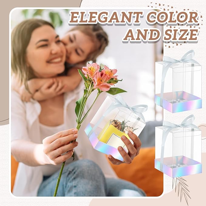 Cunno 36 Set 3.5 x 3.5 x 4.3 in Candle Package Transparent Gift Box 4-18 oz Handmade Tealight Candle Holder Bulk Paper Bottom Ribbon for Wedding Baby Shower Party Mug Cake Wine Glasses(Silver)