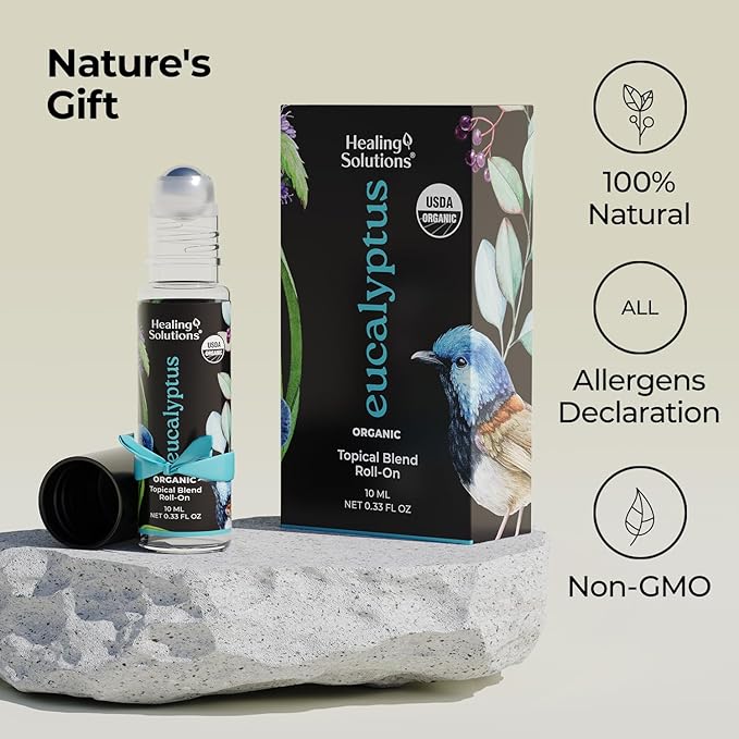 Healing Solutions (2 Pack) USDA Certified Organic Eucalyptus Essential Oil Roll-On Set - Rub on Chest and Breathe, for Skin