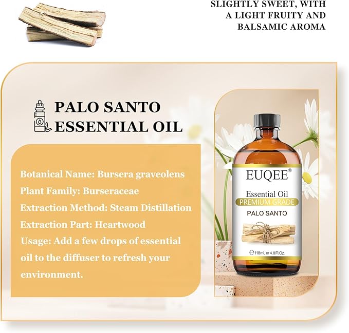 EUQEE Palo Santo Essential Oil 118mL Pure Palo Santo Oil Premium Essential Oil with Glass Dropper for Diffuser, Soap Candle Making - 4Fl. Oz