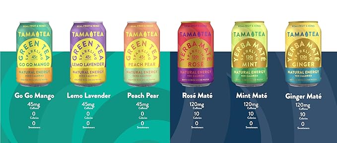 Tama Tea Sugar-Free Sparkling Green Tea, Peach Pear – Organic & Naturally Energizing – Zero Calories, Zero Carbs, Non-GMO – Antioxidant-Rich with 45mg Natural Caffeine – 12 oz Cans (12-Pack)