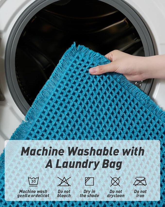 AMOAMI Upgraded Waffle Runner Rug Super Absorbent Non Slip Bath Mats for Bathroom Machine Washable Bathroom Runner Rug with Tassels, Ideal for Hallway Bedroom Laundry Room, 17" x 48", Teal