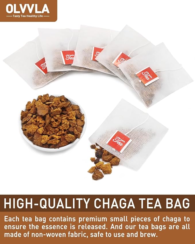Olvvla - Chaga Tea Bags - 2.5g X 50 Count - 100% Wild Natural Chaga Mushroom Herbal Tea - Sourced from Siberia - Caffeine Free - Gluten-Free - Rich in Antioxidants
