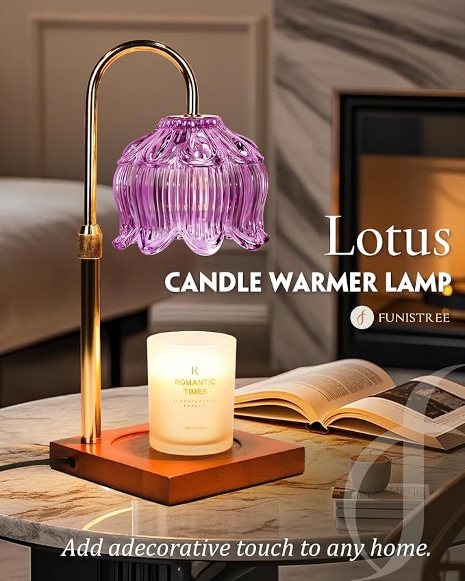 Candle Warmer Lamp with Timer Dimmable, Height Adjustable Birthday Gifts for Women Mom House Warming, Home Decor, Lotus Flower Candle Lamp Warmer 2 Bulbs Inc (Purple)