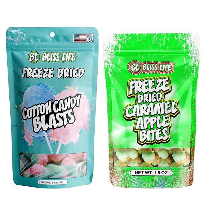Bliss Life Freeze Dried Caramel Apple & Cotton Candy 1.5oz Bundle, Whimsical Fluffy Treats, Sweet and Fun Snacks for Kids