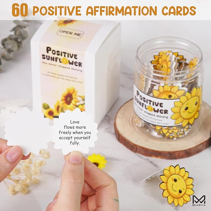 Positive Sunflower Jar, 60 Affirmation Cards for Women, Spiritual Gifts for Women, Wife, Mom, Friends, Sunflower Gift, Inspirational Gifts for Coworker, Boss, White Elephant Gift Ideas