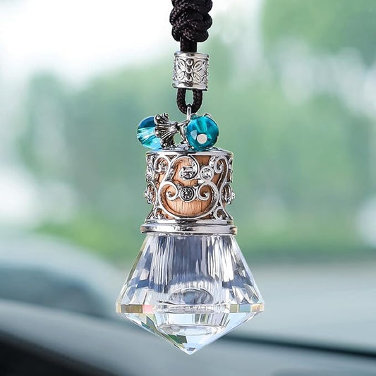 Car Air Freshener Diffuser Hanging Ornament, Diamond-shaped Empty Crystal Bottle Car Mirror Hanging Accessories, Elegant Bottle Pendant with Wooden Caps Rear View Mirror Accessories