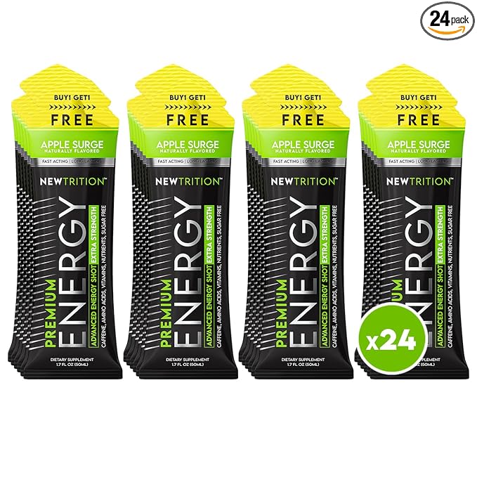 NewTrition® Extra Strength Energy Shots, 250mg Caffeine Energy Shots with Vitamin B & Amino Acids, Sugar-Free Vitamin Energy Shot, 1.7 fl oz (Pack of 24, Apply Surge)