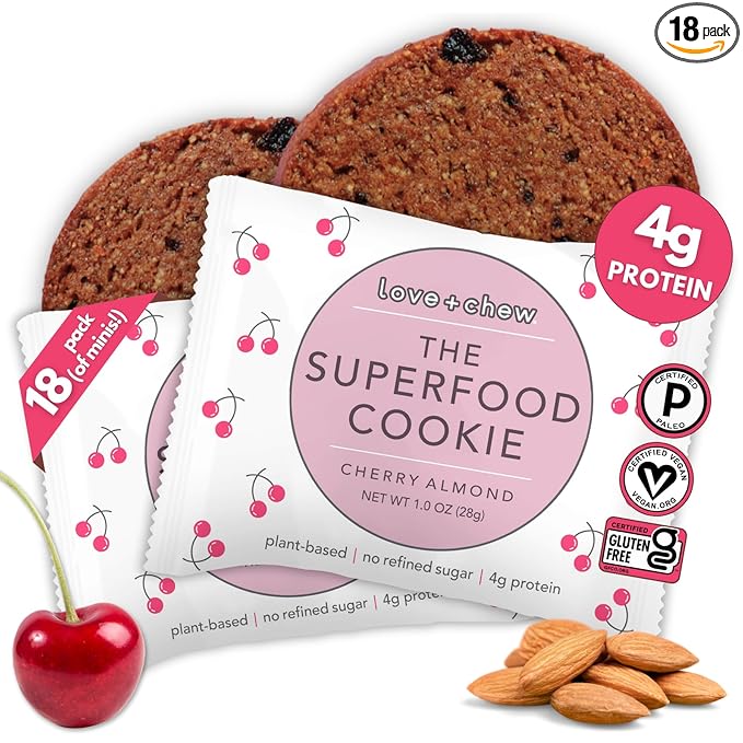 Love + Chew Soft Baked Protein Cookies, Gluten Free | (18) Count Cherry Almond Minis | Vegan, Paleo, Non GMO and Packed with Superfoods. - Individually Wrapped, and Made from High Protein Almonds - (1) Ounce Cookies