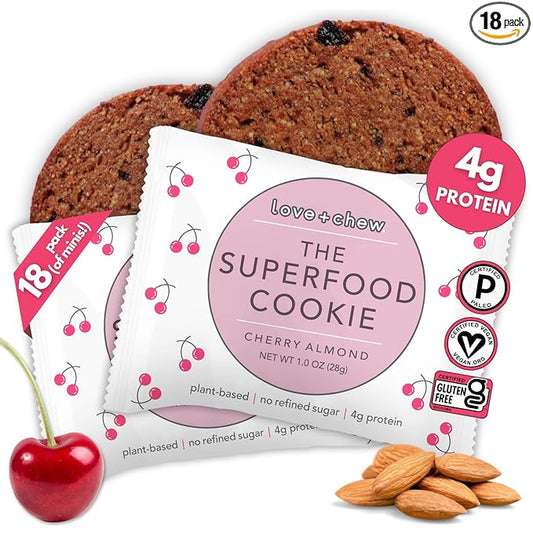 Love + Chew Soft Baked Protein Cookies, Gluten Free | (18) Count Cherry Almond Minis | Vegan, Paleo, Non GMO and Packed with Superfoods. - Individually Wrapped, and Made from High Protein Almonds - (1) Ounce Cookies