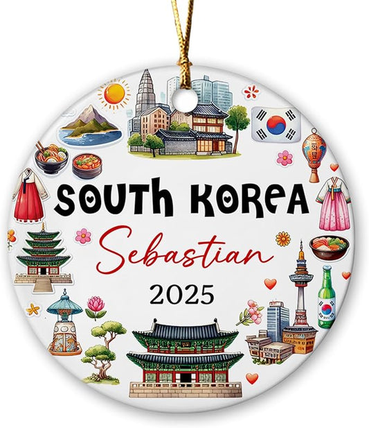 Artistic South Korea Landmarks and Heritage Christmas Keepsake Decor, Personalized Cultural Korean Ceramic Ornament Xmas 2025, Custom Name South Korea City Travel Souvenir Christmas Ceramic Ornament