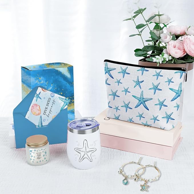 Cute Starfish Decor Starfish Ocean Friendship Appreciation Birthday Gifts for Women Beach Gifts for Women Girls Mom Sister Friends Card Wine Tumbler Cosmetic Makeup Bag Bracelet Christmas