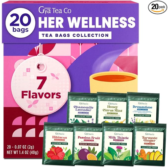 Gya Tea Co Her Wellness Assorted Tea Bags Variety Pack - 20 Bags 7 Seasonal Flavors - Caffeinated & Caffeine Free Holiday Tea Sampler Gift Set Box - Easy Brew, Natural Ingredients, Enjoy Hot or Iced