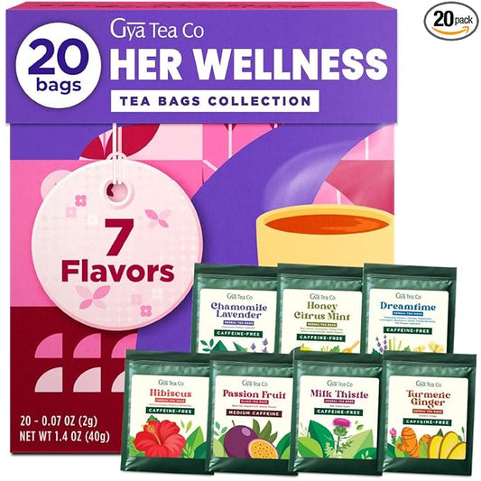 Gya Tea Co Her Wellness Assorted Tea Bags Variety Pack - 20 Bags 7 Seasonal Flavors - Caffeinated & Caffeine Free Holiday Tea Sampler Gift Set Box - Easy Brew, Natural Ingredients, Enjoy Hot or Iced