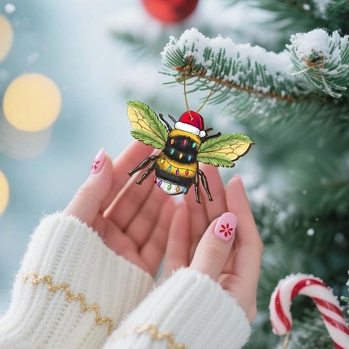 2 Side Printed Flat Christmas Wooden Ornaments, Animal Keepsake Hanging Tree Decoration, Santa Bee Ornament