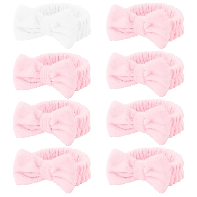 Casoty 8 Pcs Skincare Headbands, Microfiber and Soft Coral Fleece Bow Hair Band for Makeup, Face Washing, Shower, Skin Care, and Yoga