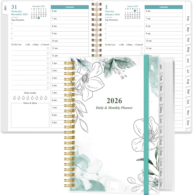 2026 Daily & Monthly Planner - One Page Per Day, Daily Planner 2026 from January 2026 to December 2026, Planners 26 with 12 Monthly Tabs, 6.4" x 8.5", Teal Flowers
