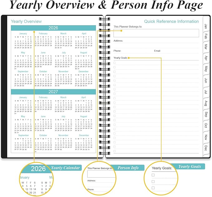 2026 Daily & Monthly Planner - One Page Per Day, Daily Planner from January 2026 to December 2026, Planner 2026 with 12 Monthly Tabs, 6.4" x 8.5", Black