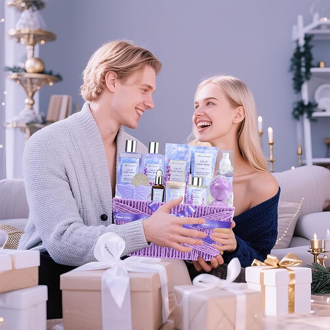 Gift baskets for women, 15Pcs Lilac Women Bath Gift Baskets w/Body Mist, Diffuser, Bath Bomb. Unique Relaxing Spa Gift Basket Set, Mothers Day Gifts for Mom Wife Grandma Daughter Friends Sister