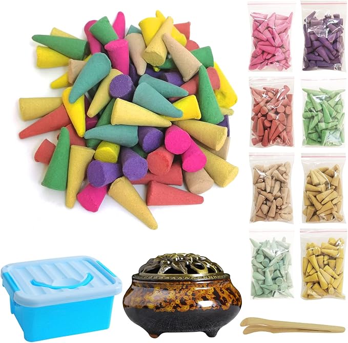 Incense Cones， 8 Mixed (320 Cones Total) Cone Incense Scents, and A Ceramic Incense Burner. Natural Scent Cone， for Meditation, Yoga, Purification, and Aromatherapy.