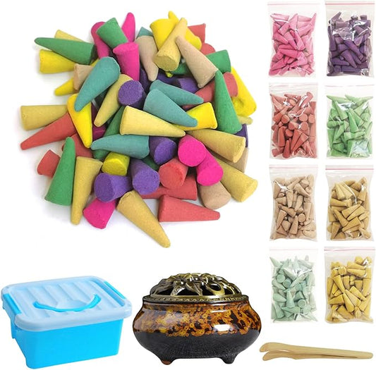 Incense Cones， 8 Mixed (320 Cones Total) Cone Incense Scents, and A Ceramic Incense Burner. Natural Scent Cone， for Meditation, Yoga, Purification, and Aromatherapy.