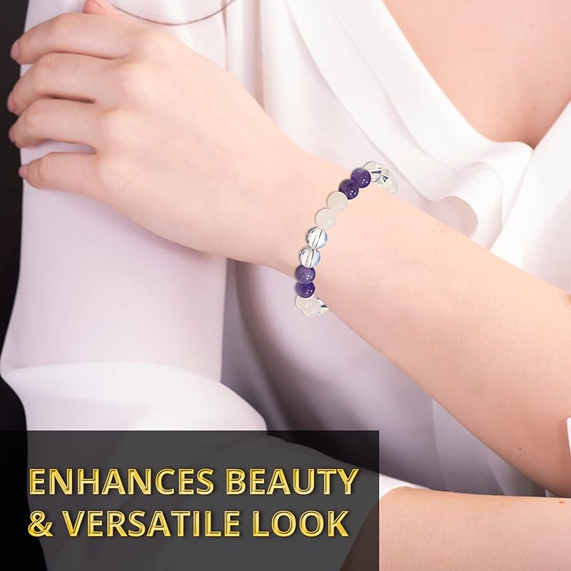 Amethyst, Clear Quartz, Rose Quartz Bracelet – Healing Crystal Bracelet for Women and Men – 8mm Round Beaded Bracelet for Men and Women – Elastic Adjustable Size Gemstone Bead Bracelet