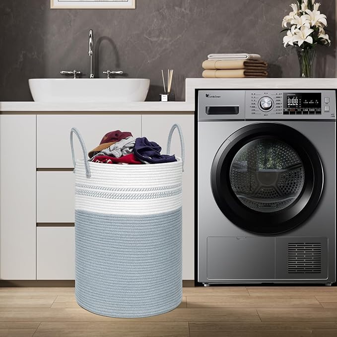 72L Tall Laundry Basket, Cotton Rope Laundry Hamper, Laundry Hamper with Handles, Decorative Woven Basket for Dirty Clothes, Blankets, Pillows in Bathroom, Bedroom (Gray, 16 x 22in)