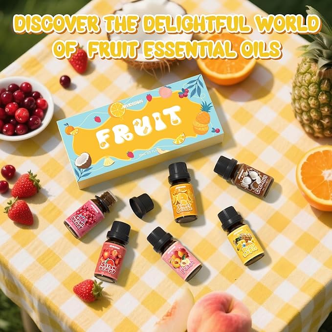 ARVIDSSON Fruits Essential Oils Set, Natural Fruity Fragrance Oil for Candle & Soap Making - Sweet Orange, Pineapple, Coconut, Cranberry, Peach, Strawberry, Aromatherapy Diffuser Oils Gift Set