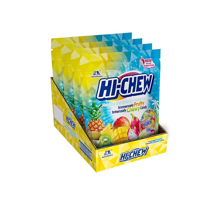 HI-CHEW Tropical Mix, Kiwi Pineapple Mango Dragon Fruit, 4 Stand Up Pouches, 220+ Pieces, 12.7oz each - Fun Soft & Chewy Halloween Bulk Candy - Juicy Fruity Flavors - Individually Wrapped for Sharing
