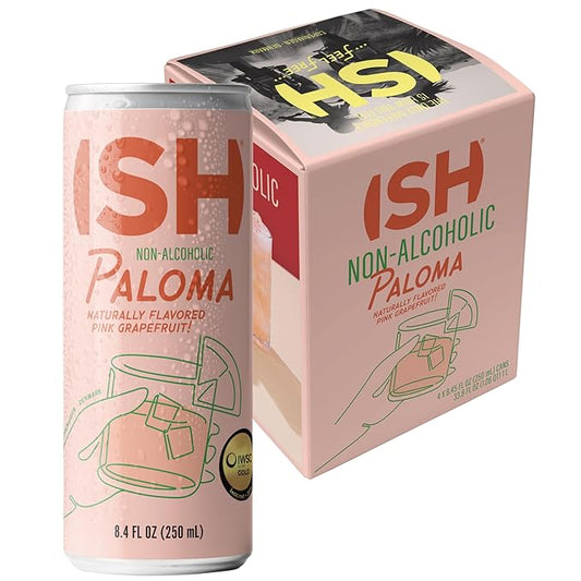 ISH Paloma, Non Alcoholic Canned Cocktail, Award Winning Non-Alcoholic Spirits, Gluten Free Mocktail Drinks with Pink Grapefruit, Lime and Mexican Blue Agave, Zero Proof Ready to Drink Cans, 4 Pack