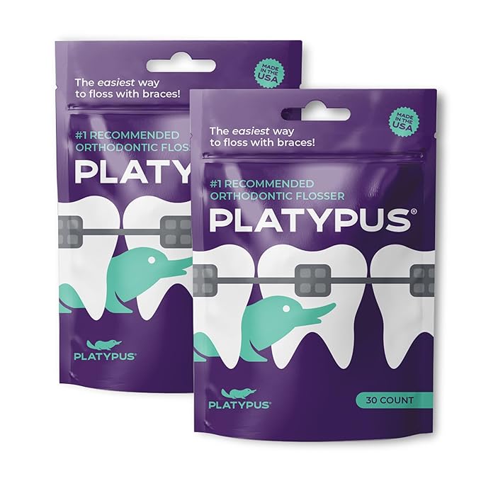 Platypus Orthodontic Flossers for Braces, 30 Count (Pack of 2), Ortho Picks for Adults & Kids, Fits Under Arch Wire, Non-Damaging, Encourage Flossing Habits