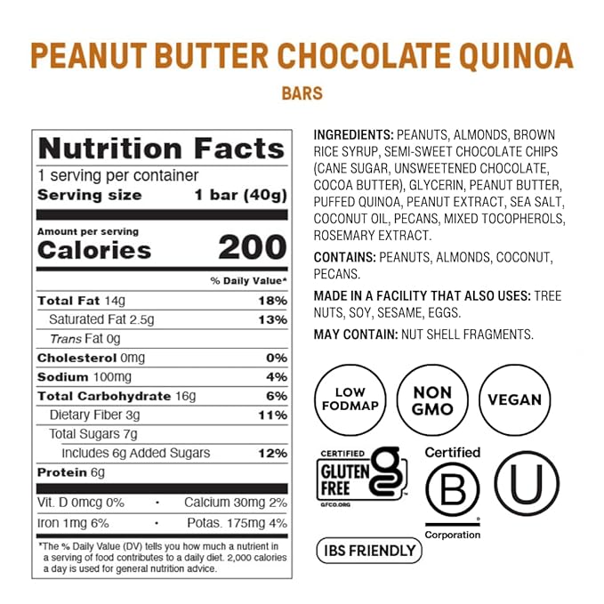 Fody Foods Snack Bars, Peanut Butter Chocolate Quinoa, 1.41 Oz (Pack of 12), 6g Protein, Low FODMAP, Gut & IBS Friendly, Vegan, Lactose Free, Non-GMO, Gluten Free