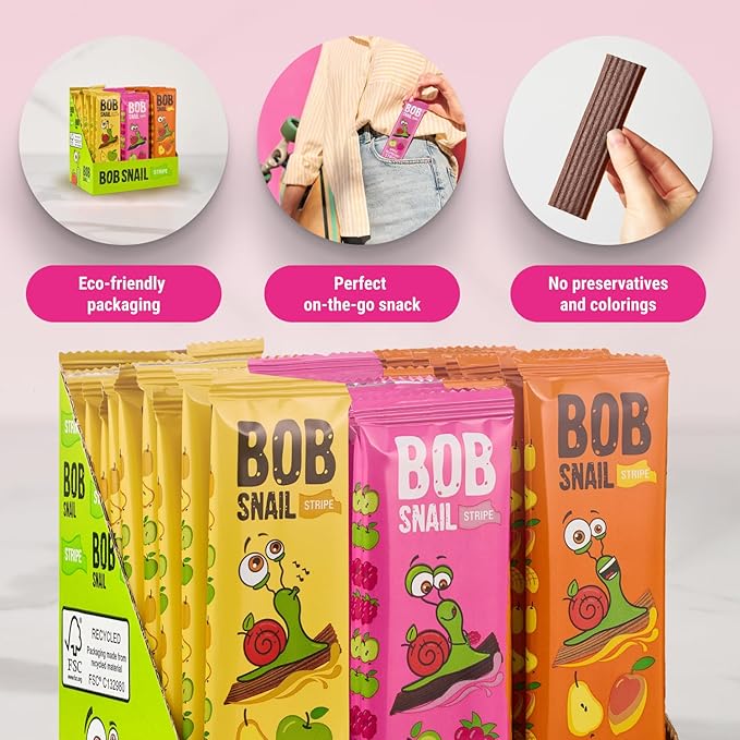 BOB SNAIL Healthy Organic Fruit Snacks for Kids and Adults – 30 Organic Fruit Leather Snacks with Pear-Apple, Raspberry, Mango – Vegan Low-Carb Variety Pack Strips for Kids – Sugar Free Jerky Bars