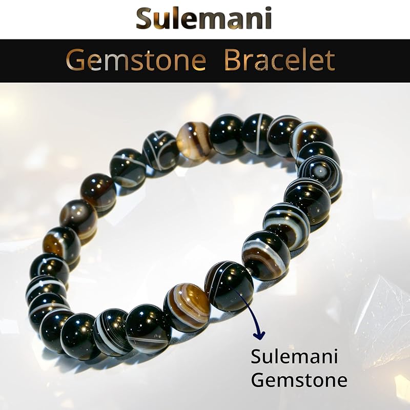 Black Sulemani Hakik Bracelet, Natural Healing Crystal Bracelet for Women and Men, 8mm Round Beaded Bracelet for Spiritual, Protection, Positive Energy, Elastic Adjustable Size Gemstone Bead Bracelet