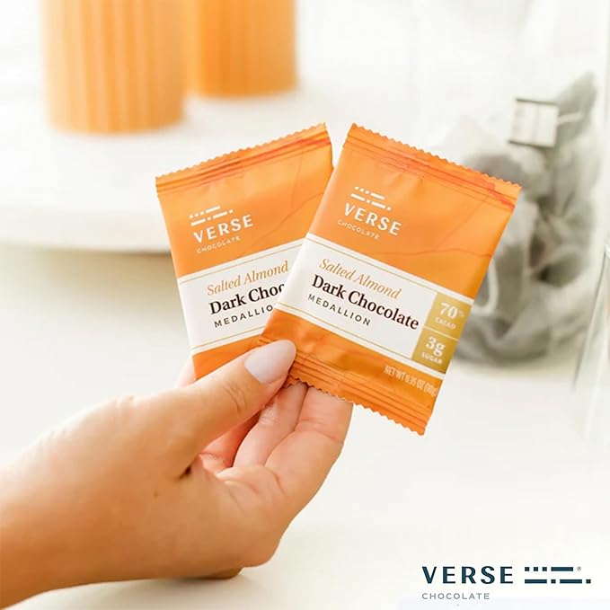 Verse 70% Dark Chocolate with Almonds - Only 3g Cane Sugar - Creamy Dark Cocoa Squares - Individually Wrapped Chocolates (30 Count)