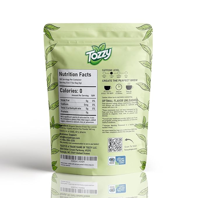 Tozzy Organic Matcha Green Tea – 100 Count, Plant-Based Pyramid Tea Bags | Ceremonial Matcha + Whole Leaf Sencha
