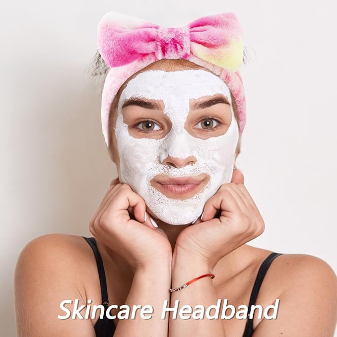 VELSCRUN Spa Headband, Makeup Face Wash Skincare Headbands, 5 Pcs Pink Colorful Sponge Bow Tie Get Ready HairBand Facial Wristband Hair Clips Set, Stuff for Teen Girls Women Trendy Hair Accessories