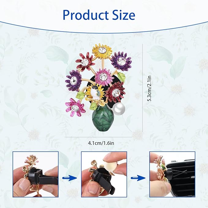 Flower Car Decor,Cute Dasiy Bird Vase Car Air Freshener Vent Clips,Alloy Colorful DashBoard Vent Decorations Aesthetics for Women,Refillable Aroma Diffuser