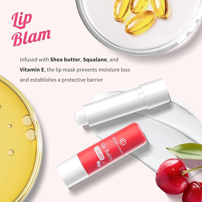 Color Nymph Lip Care Quad - Lip Balm, Overnight Lip Mask, Lip Treatment Oil & Lip Scrub, Intense Hydration Lip Set for Dry Chapped Cracked Lips, Exfoliate & Moisturize - 4 Piece Gift Set - Cherry