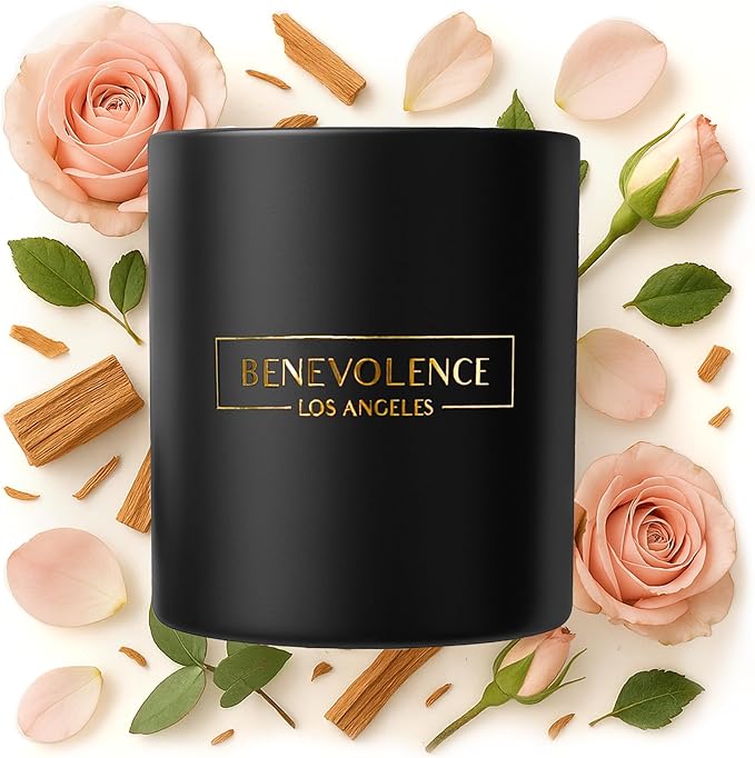 Benevolence LA Rose & Sandalwood Scented Candle | Soy Candles, Black Candle for Home | Gifts for Women and Men | Home Fragrance | Aromatherapy | 8oz, 45 Hour Burn