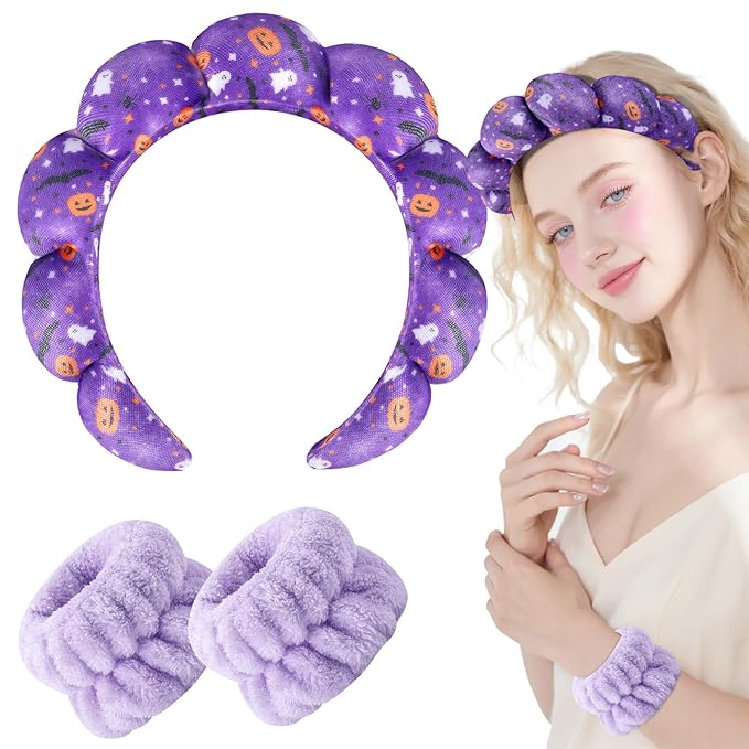 Zkptops Spa Headband for Washing Face Wristband Set Sponge Makeup Skincare Velvet Fabric Bubble Get Ready Hairband Puffy Headwear Non Slip Thick Thin Hair Accessory Gift for Women Girls(Halloween)
