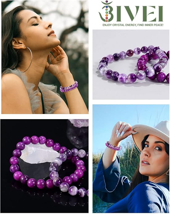 Bivei Natural Gemstone Semi Precious Healing Crystals Handmade Stretchy Round Beads Bracelet, Enhance Positive Energy