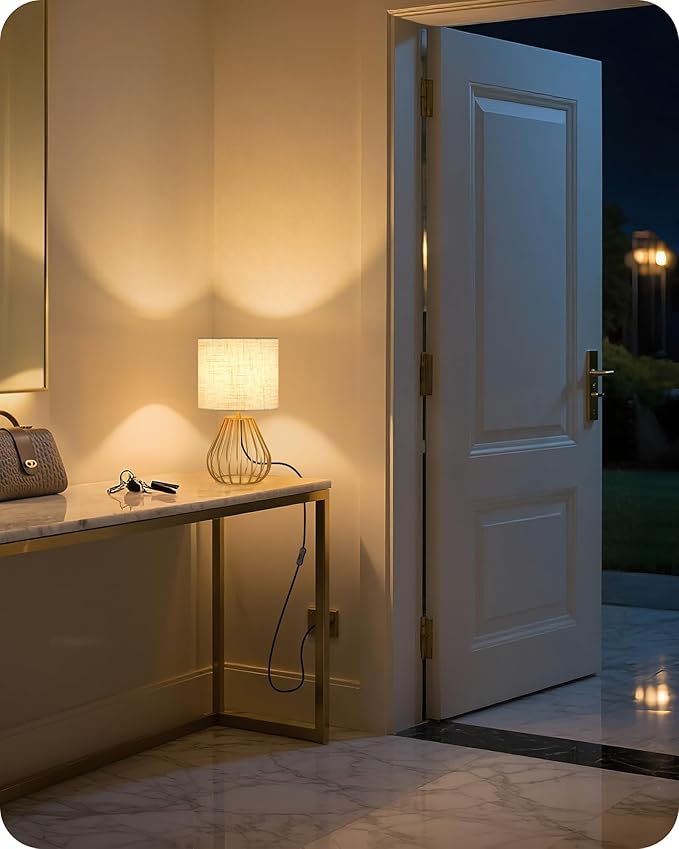 Bedside Table Lamp, 12.6'' Small Table Lamp with Beige Linen Lampshade & Gold Teardrop Cage, Modern Small Little Cute Desk Lamp for Bedroom, Living Room, 2700K LED Bulb Included DE06TL05